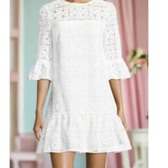 Kate Spade Mini Lace Shift Dress 00 White Ruffled Flounced Hem Floral Lace Lined - Picture 11 of 14